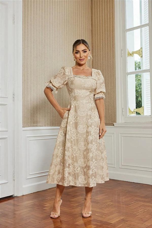 VESTIDO MIDI EM LAISE CHAMPAGNE - DOCE MARIA