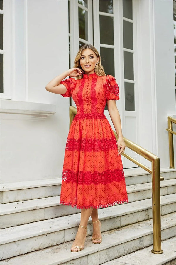 VESTIDO MIDI EM LAISE VERMELHO - DOCE MARIA